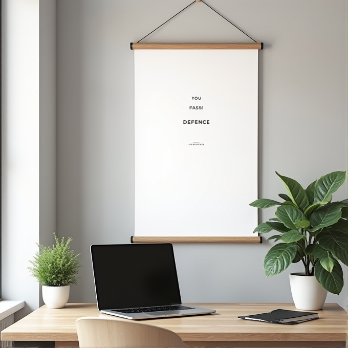 A minimalist desk setup with a laptop, plants, and a motivational poster.