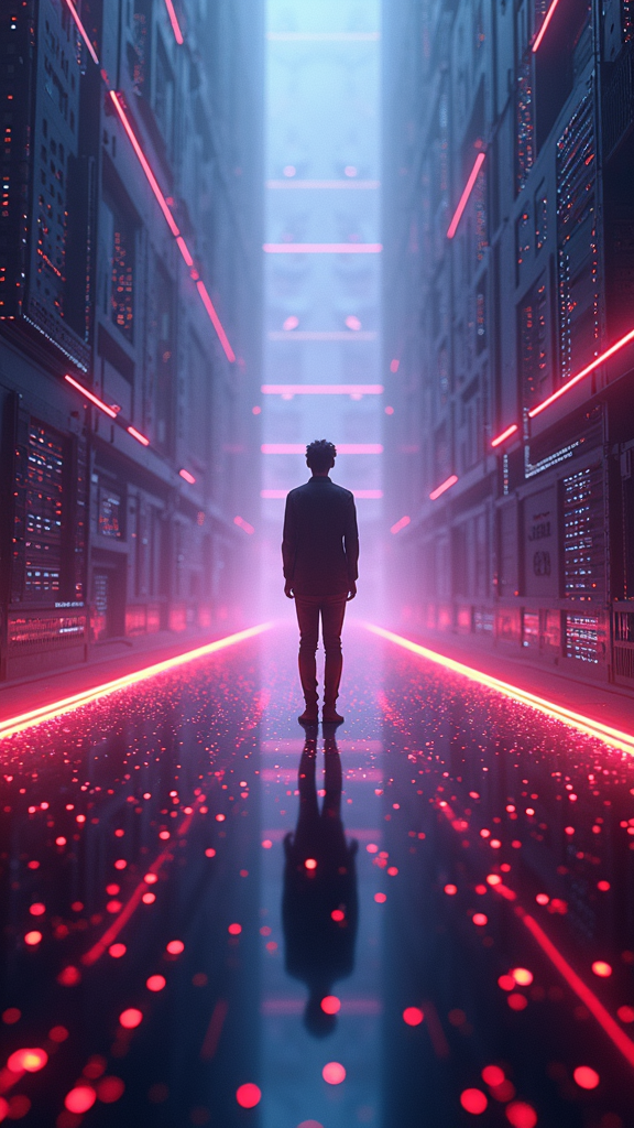 A solitary figure stands in a futuristic hallway illuminated by vibrant red and blue neon lights, surrounded by computer server racks.