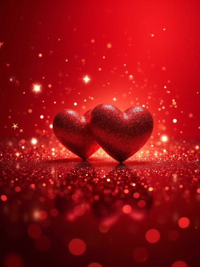 A romantic scene with two glittering red hearts. Hearts are intertwined and decorated with sparkling effects. The background has a vibrant red hue filled with glimmering glitter. The atmosphere is enchanting and festive. Delicate stars twinkle around hearts. The scene evokes feelings of warmth and affection.