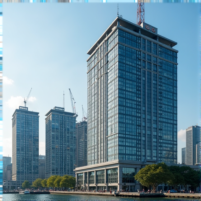 Skyscrapers with glass facades stand majestically along a bustling waterfront, framed by a clear blue sky and dotted with construction cranes.