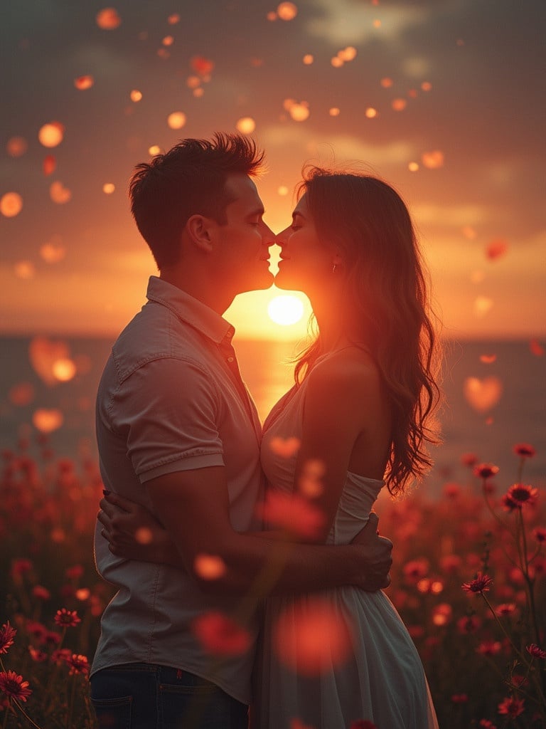 Couple standing in a flower field during sunset. Warm colors create a romantic atmosphere. The couple is kissing with the sun setting behind them. Heart-shaped bokeh effects appear throughout the image. The scene evokes feelings of love and intimacy.