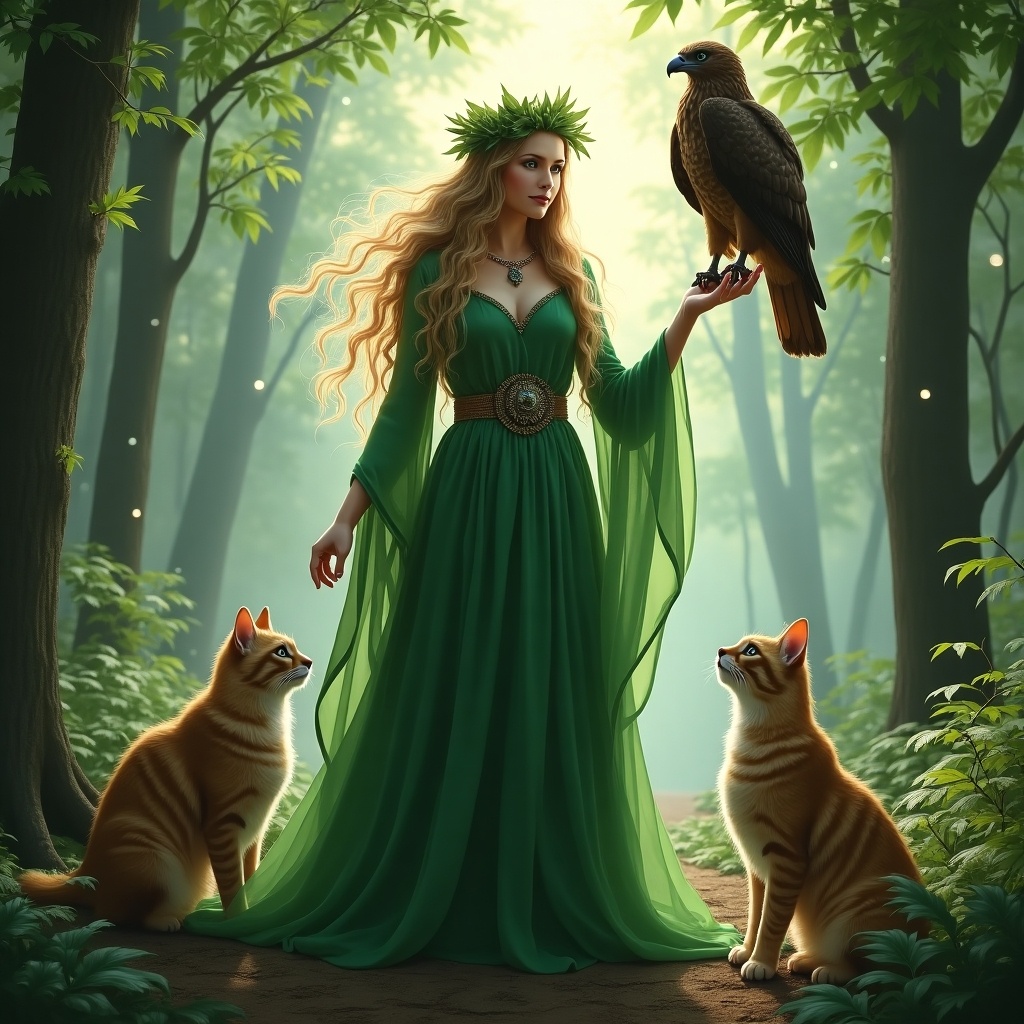 Depiction of Freya, Norse goddess, in a mystical forest. She wears a flowing green gown and has long hair with a crown of leaves. Two cats are beside her as she holds a hawk on her hand. Light filters through the trees, creating a magical scene.