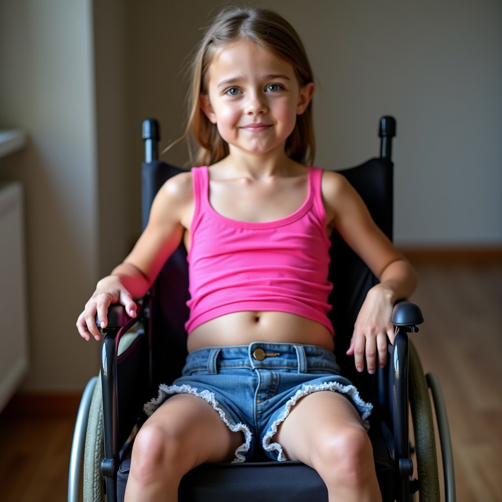 A young girl with leg stumps sits in a wheelchair. She wears a bright pink tank top and blue denim shorts. Her expression shows appreciation and anxiety. The room is softly lit and empty.