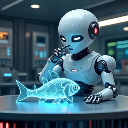 A cute white robot in a lab. Robot is holding its nose with one finger. Robot looks disgusted. A glowing cybernetic mullet fish on a metal plate. Fish has neon blue circuits. Fish has glowing eyes. Fish resembles Egyptian Feseekh. Robot has an exaggerated cartoonish expression. Environment is filled with sci-fi control panels. Environment has blue ambient lighting. Cinematic lighting and high detail.