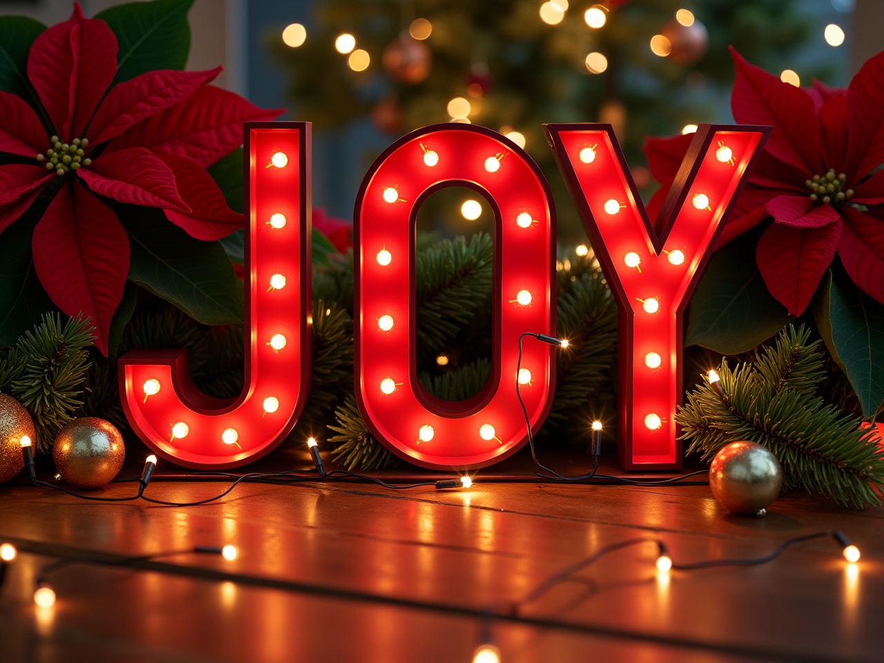 This image features the word 'JOY' in bold, red letters illuminated with lights. It's adorned with vibrant poinsettias and gold ornaments, set against a backdrop of twinkling Christmas lights. The scene evokes a warm holiday spirit and festive cheer. The arrangement captures the essence of Christmas, making it feel inviting and joyful. Soft lighting enhances the overall ambiance, creating a cozy festive atmosphere.