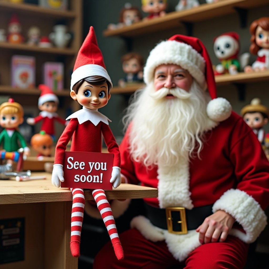 Elf on the Shelf holds sign saying See you soon. Elf sits with Santa in festive toy workshop. Funko Pops being made in background.