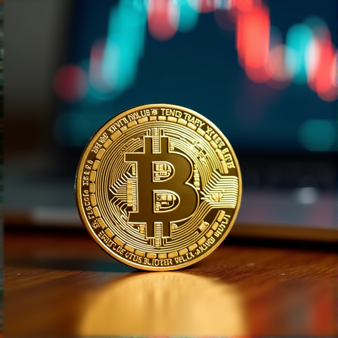 A shiny golden Bitcoin rests on a table, with a blurred graph on a laptop screen in the background.