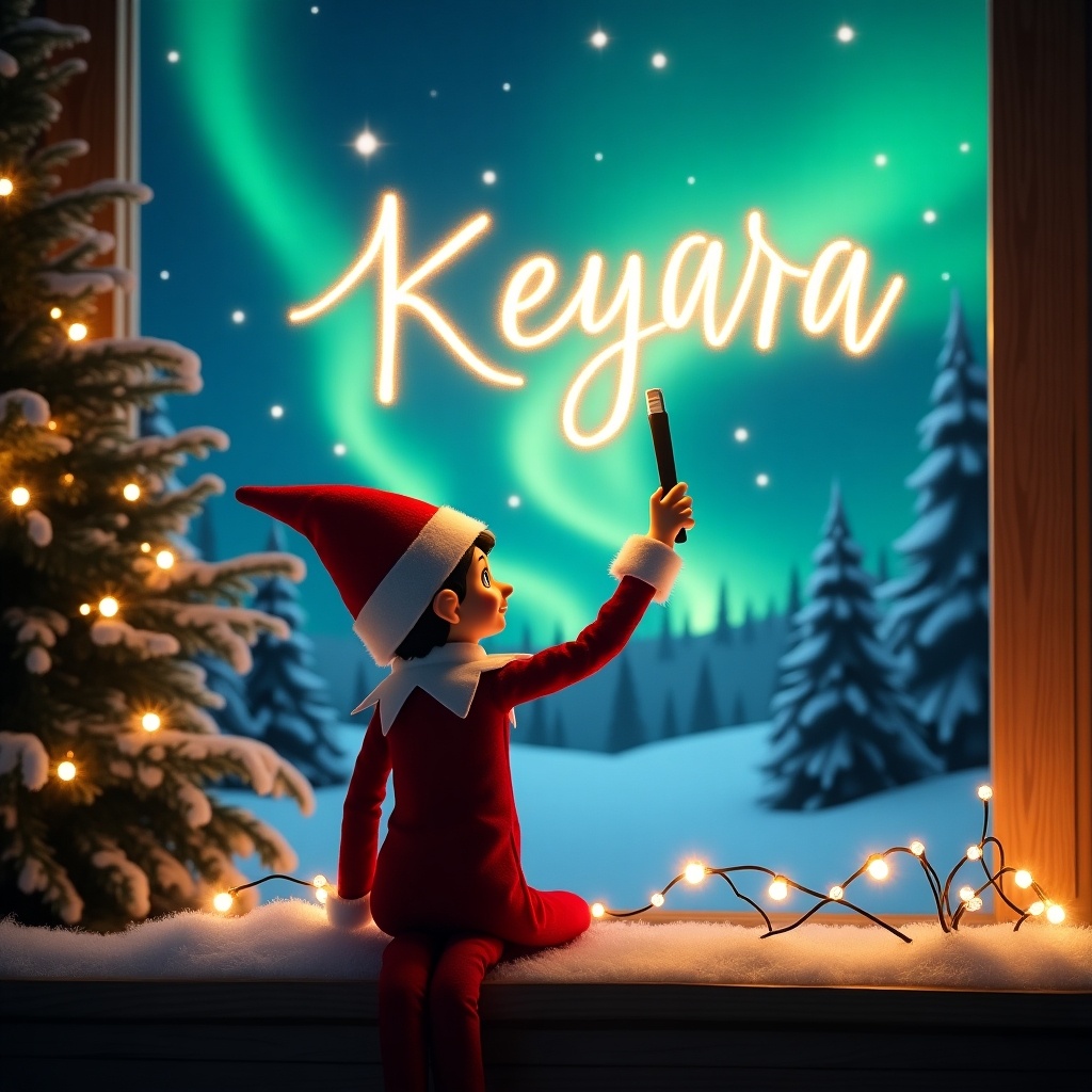 Enchanting Christmas scene featuring elf dressed in red and white. Elf holds magic wand writing Keyara in glowing script. Vibrant northern lights in the background. Scene captures festive spirit and holiday joy.