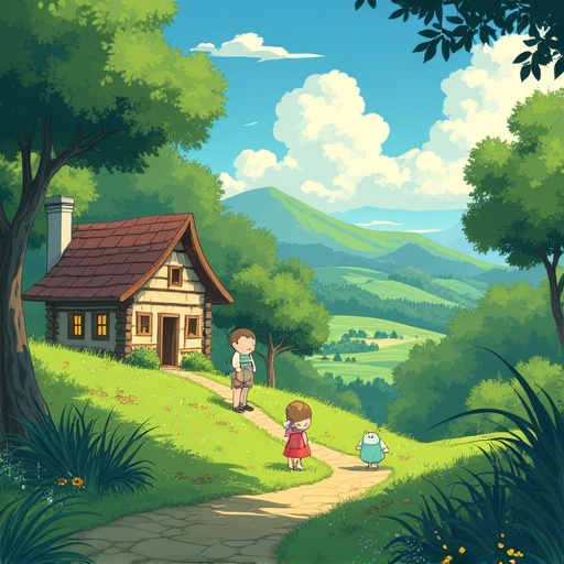 Illustration features a whimsical scene with a quaint cottage, children walking on a path, and a friendly creature beside them. Lush greenery surrounds the area with mountains in the background and a bright blue sky.
