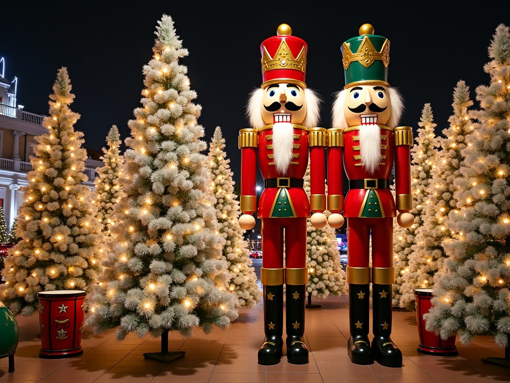 The image displays two large nutcracker figures proudly standing among a backdrop of elegantly decorated Christmas trees. These nutcrackers are designed in a traditional style, complete with red uniforms and golden crowns, evoking a sense of holiday joy. The surrounding trees are dusted with snow and adorned with soft white lights, creating a magical winter atmosphere. This setting suggests a festive celebration, capturing the essence of Christmas spirit. Overall, the image conveys warmth, happiness, and festive cheer during the winter season.