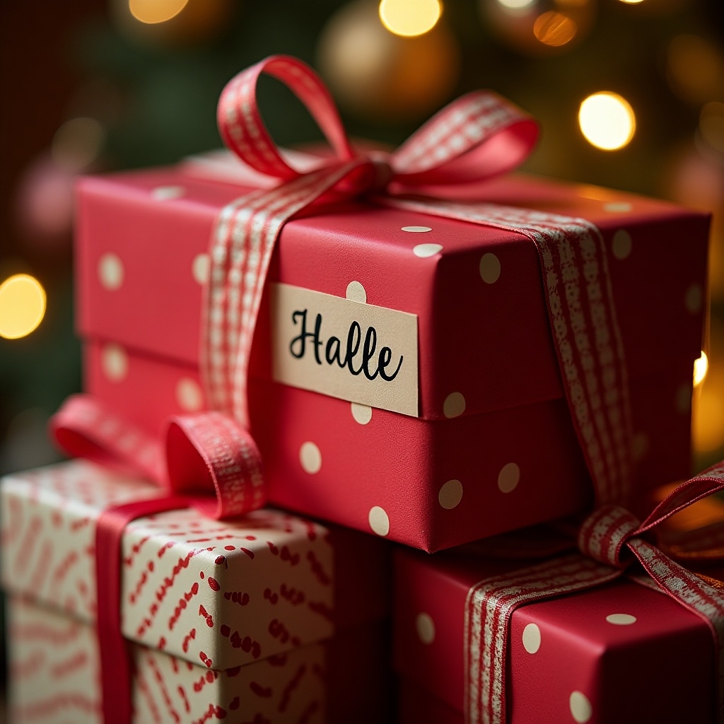 This image showcases beautifully wrapped presents in festive colors, primarily red with white polka dots. One of the gifts has a name tag that reads 'Halle,' adding a personal touch. The presents are arranged nicely, creating a sense of anticipation for the holiday season. Soft, warm lighting and blurred backgrounds give the scene a cozy vibe reminiscent of Christmas celebrations. The gifts are likely intended for someone special, enhancing the spirit of giving during this joyful time of year.