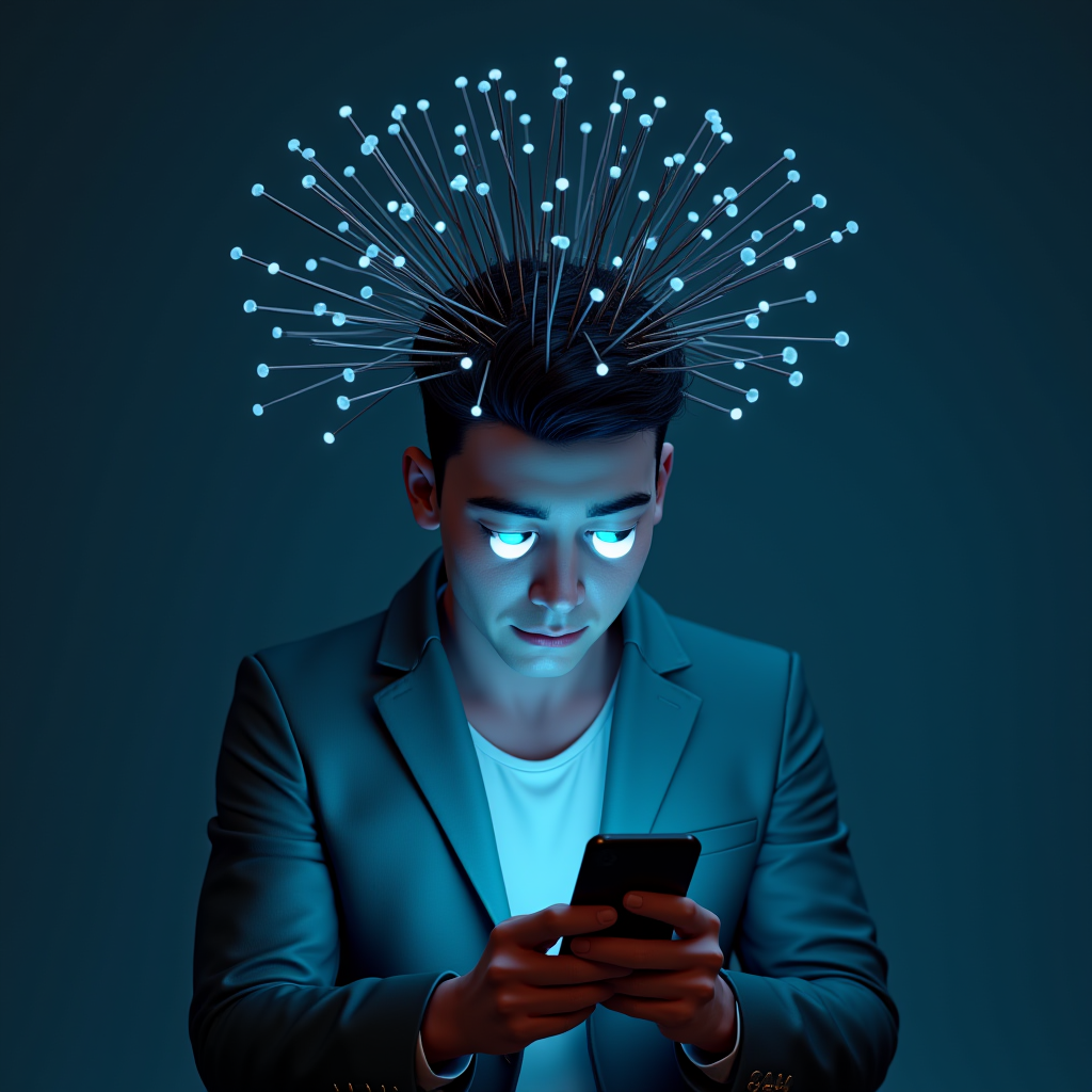 A person in a blazer is intensely using a smartphone, with glowing eyes and connected nodes emanating from their head, symbolizing digital connectivity.