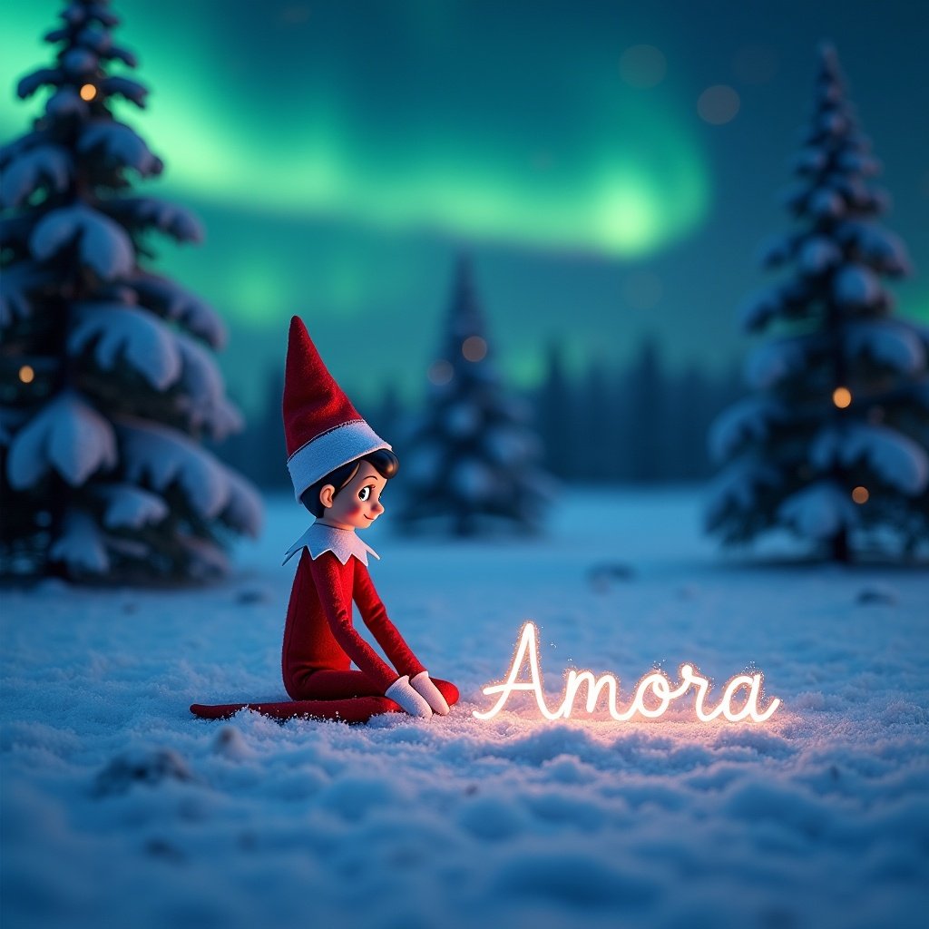 Animated elf sitting in the snow wearing red outfit writing name 'Amora' in snow, The name bright and cursive, Night sky with northern lights, Snow-covered pine trees framing the scene.