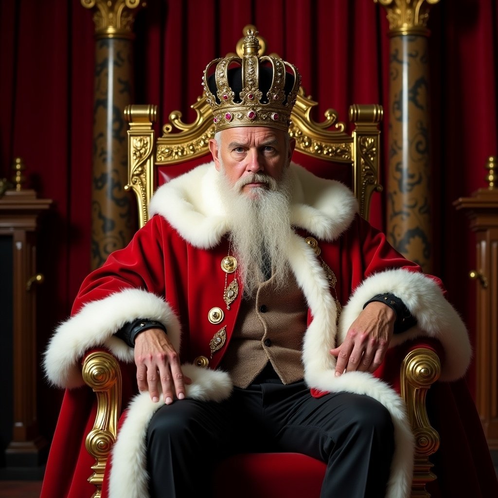 A dignified king sits on an ornate golden throne. He exudes authority and maturity. His robe is rich red with white fur trim. The intricate jeweled crown complements his outfit. Regal red curtains form the backdrop. Decorative pillars enhance the ambiance, highlighting power and tradition.