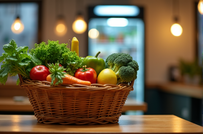 A wicker basket filled with fresh vegetables including lettuce, tomatoes, green bell pepper, yellow squash, a lemon, carrots, and broccoli is placed on a wooden table under warm hanging lights, giving a cozy kitchen ambiance.