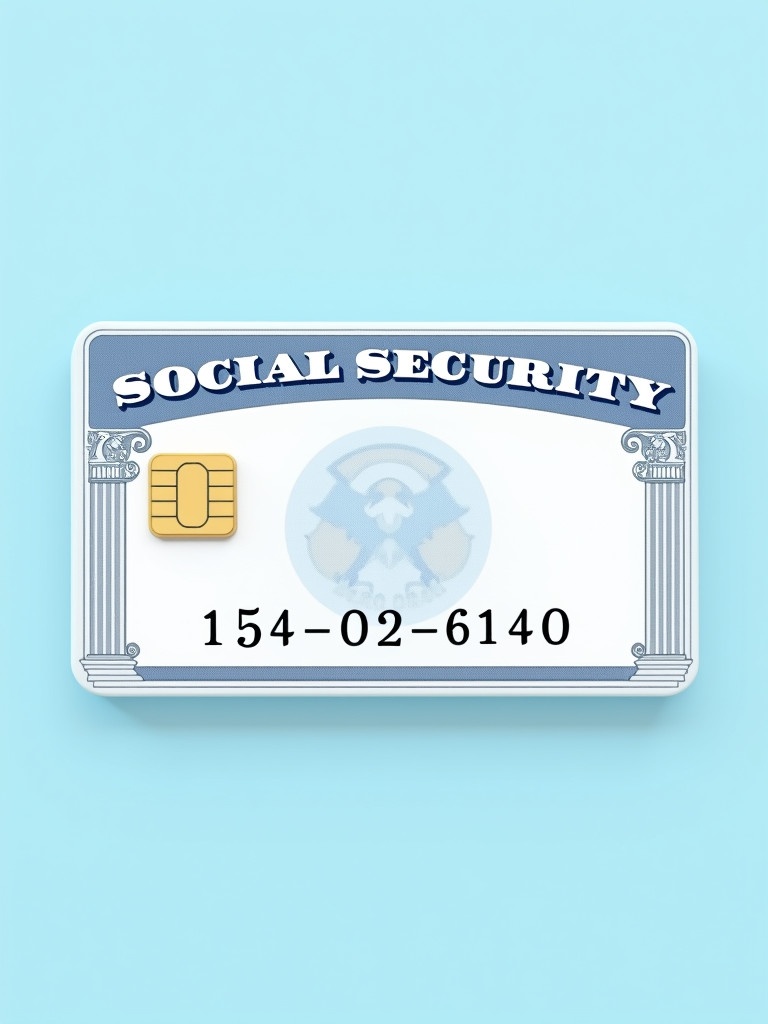 Depiction of a generic social security card. The card features text 'SOCIAL SECURITY'. Key numbers displayed are '154-02-6140'. A graphic chip is shown. Decorative elements indicate its official nature. Background is soft blue color. Design is professional and clean.