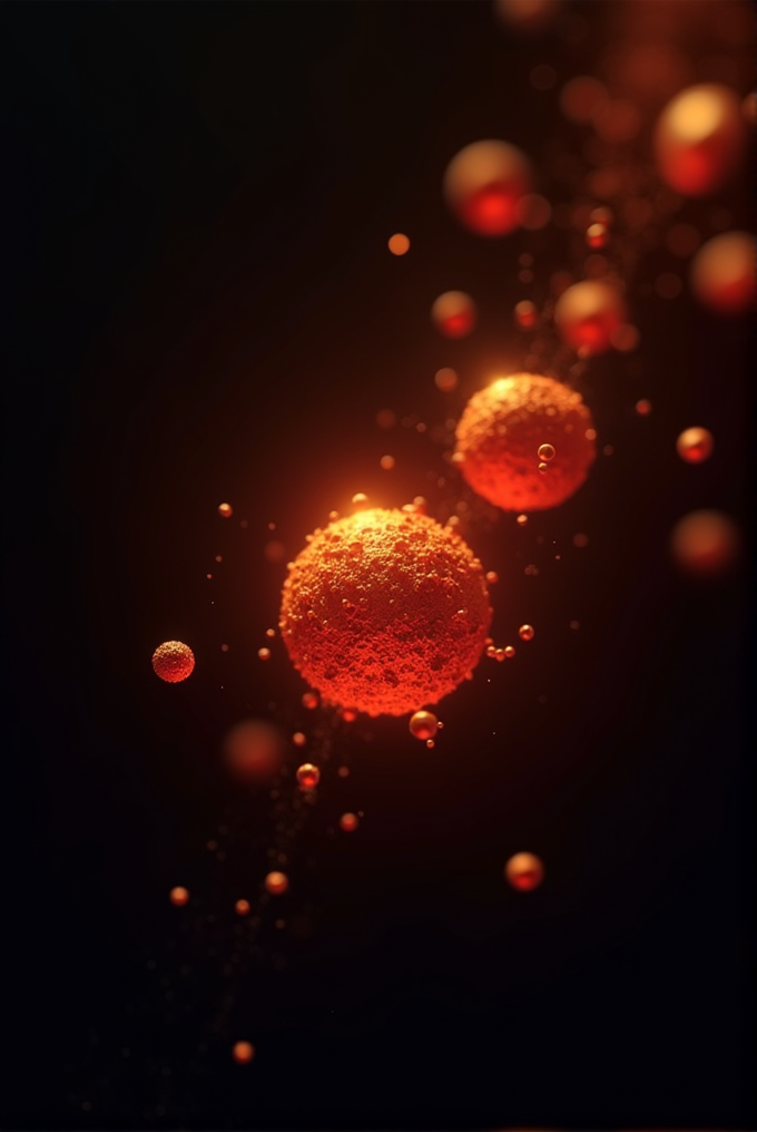 Several orange, glowing spheres of varying sizes float against a black background.