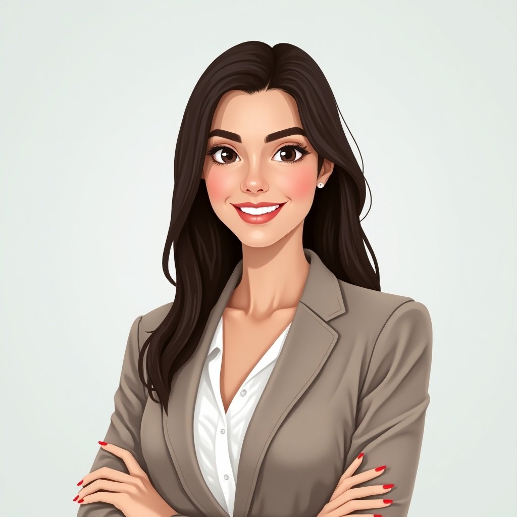 Create an avatar of a professional woman projecting confidence and innovation. She has straight dark brown hair light-colored eyes and lightly tanned skin. Wears a modern neutral blazer and a white blouse. Facial expression is friendly and serious showing focus and leadership. Background is clean and minimalist.