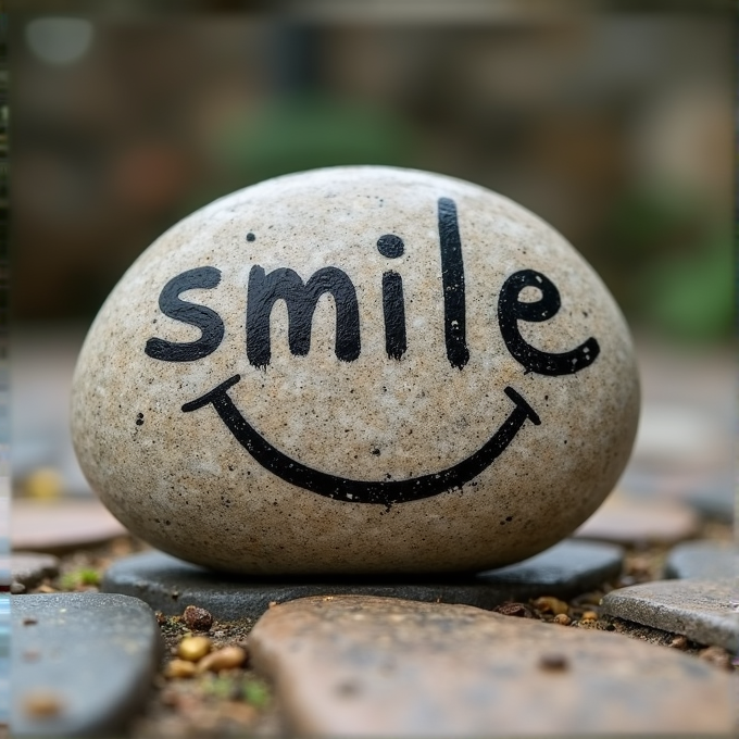 A smooth stone with the word 'smile' and a smiley face drawn on it, resting on a bed of pebbles.