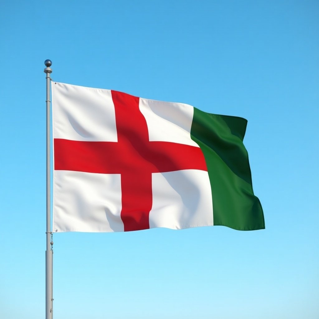 Image of the flag of the Basque Country waving in the wind. Bright blue sky background. Well-defined colors and shapes of the flag.