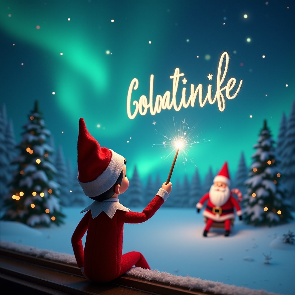 The image depicts an enchanting scene featuring an 'Elf on the Shelf.' The elf, with his back facing the viewer, is gazing at the magical night sky. He holds a glittering wand, creating the child's name in sparkling letters against the backdrop of the aurora borealis. In the distance, Santa Claus can be seen, adding to the festive atmosphere. The scene is filled with vibrant colors of red and green, with snow-covered trees surrounding the elf. It's a heartwarming depiction of Christmas magic and joy, evoking feelings of wonder and excitement.