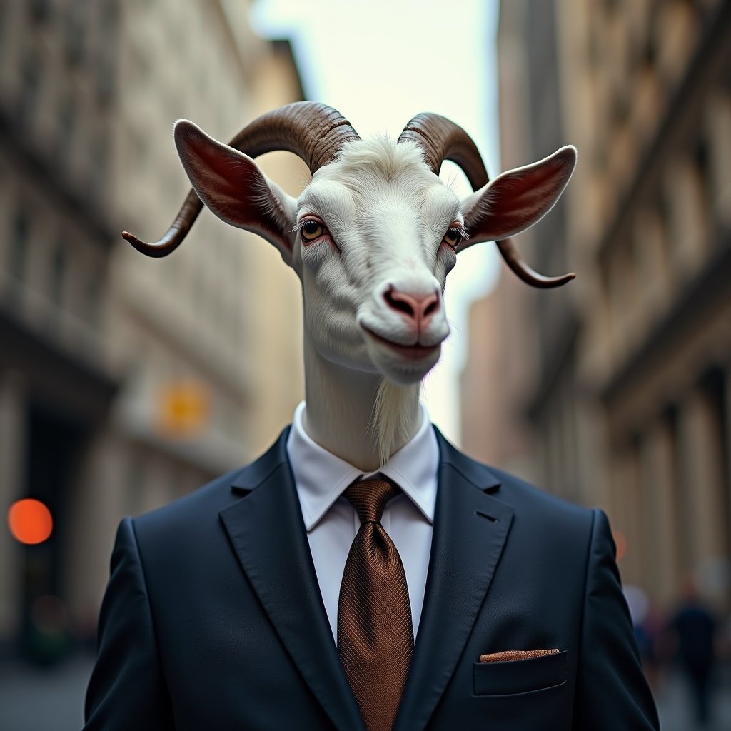 Intelligent white goat dressed in a business suit stands confidently in the city. Goat has a wise expression and a confident posture. The background shows a Wall Street setting with blurred buildings. Goat presents a blend of animal and human traits, reflecting optimism and shrewdness.