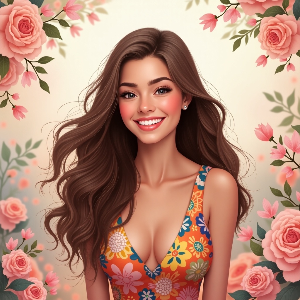 This image features a beautiful woman with long, flowing hair and a radiant smile. She is dressed in a colorful floral-patterned dress that embodies a cheerful summer vibe. Around her, there are soft pink roses and floral elements, creating a warm and inviting atmosphere. Her expression exudes happiness and confidence, making it an ideal image for fashion or beauty-related content. The overall tone is lively and engaging, perfect for appealing to a youthful audience.