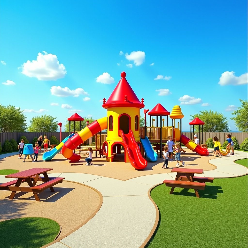 Image shows an outdoor children's playground with a red and yellow rocket-shaped house. Colorful slides, swings, and climbing structures surround it. Children are playing energetically. Bright blue sky enhances playground colors. Includes a water play area and sandbox with a picnic table. Safety measures in place with a locked enclosure.