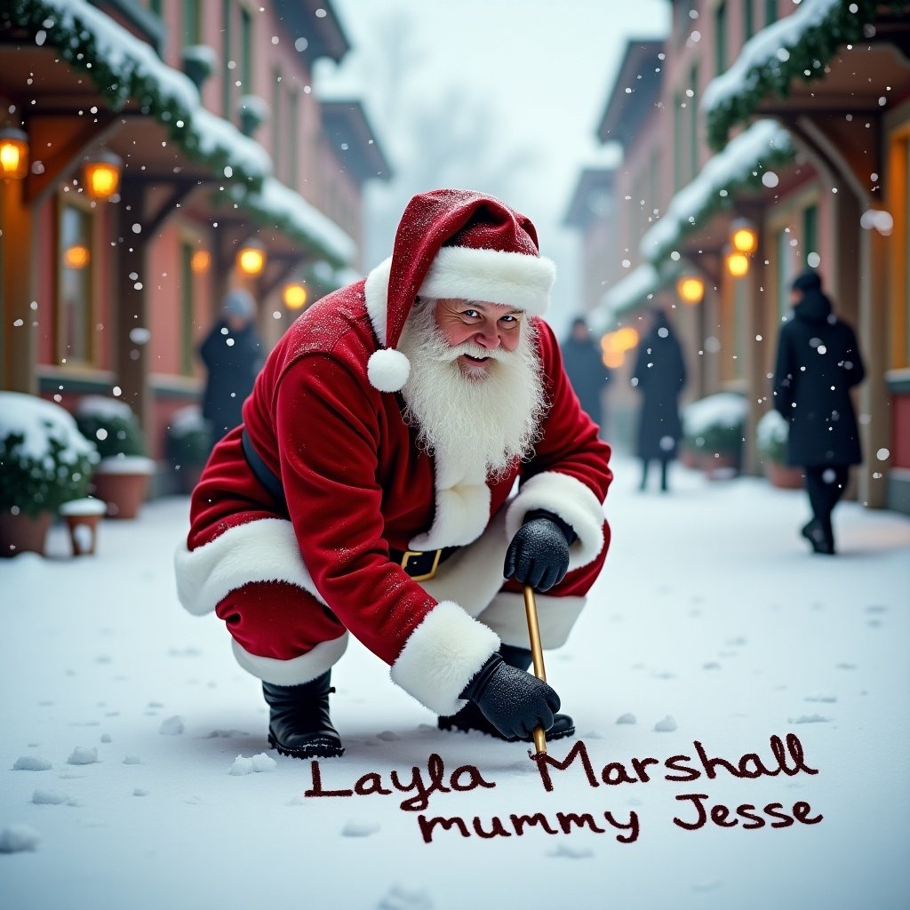 Santa Claus writes names in the snow. Wearing red and white attire with a black belt. Snowy street with charming buildings. Soft winter light creates a warm glow. Scene conveys cheerful festive mood for holiday season.