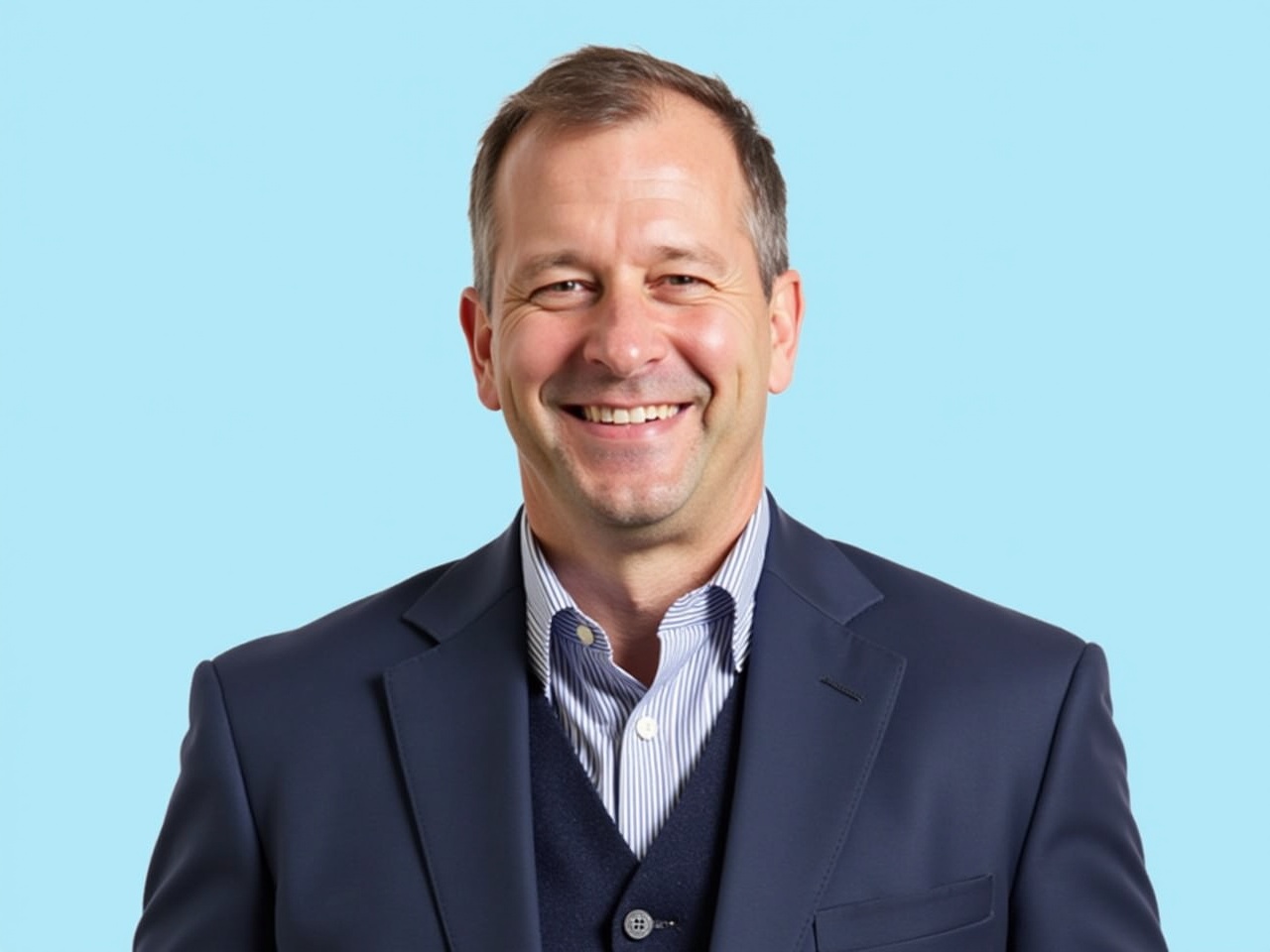 A professionally dressed man smiling against a light blue background.