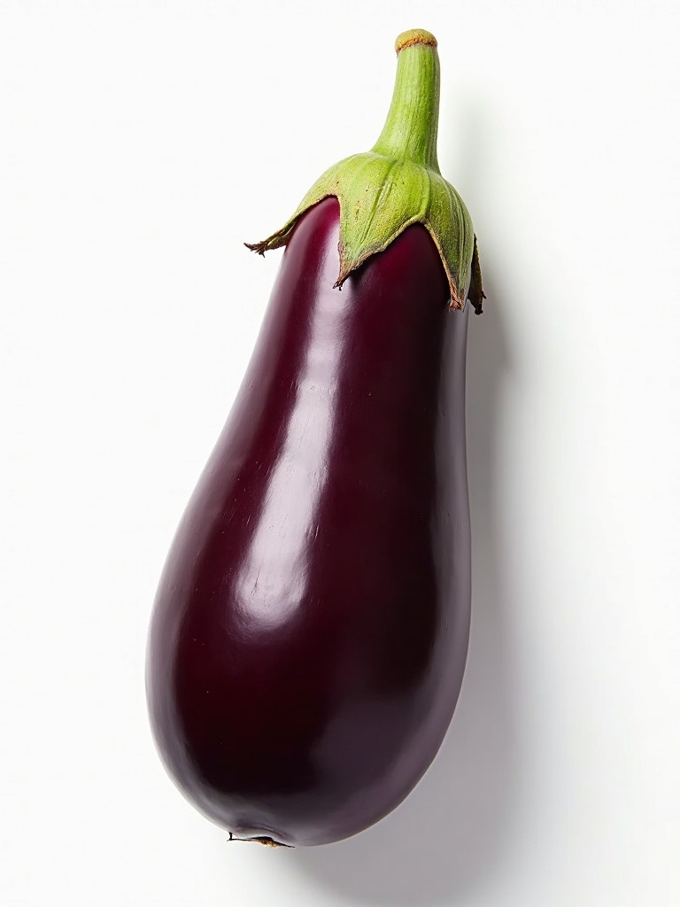 Single eggplant isolated on a white background with a smooth surface and green cap.