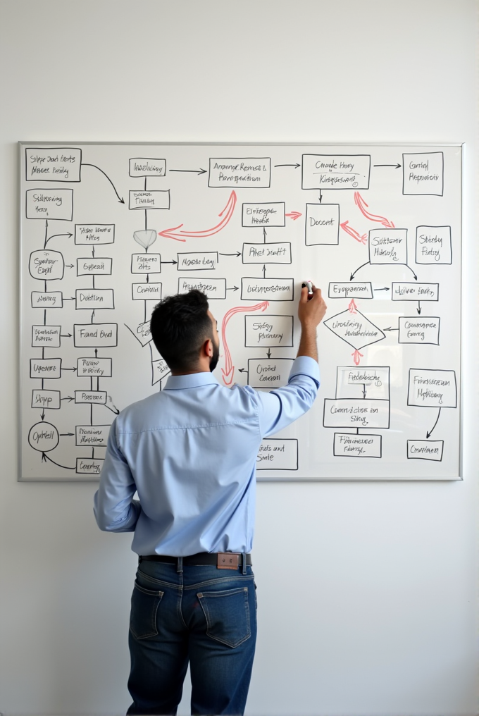 A person in a blue shirt and jeans is writing on a complex flowchart drawn on a whiteboard, with numerous interconnected boxes and arrows.