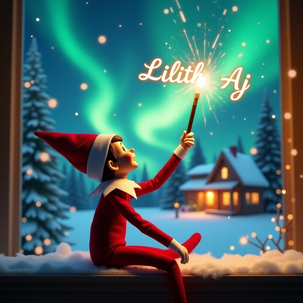 An elf on the shelf sits with its back to the viewer, gazing skyward. It holds a glowing wand that emits sparkling light. The background showcases a charming Christmas scene with colorful northern lights swirling above. In the distance, a cozy house can be seen, decorated for the holidays. Snow covers the ground, adding to the winter atmosphere. The elf is in a playful position, embodying the spirit of magic and wonder associated with Christmas. The name ‘Lilith, Aj’ is written in the air using the wand, creating a sense of holiday cheer.