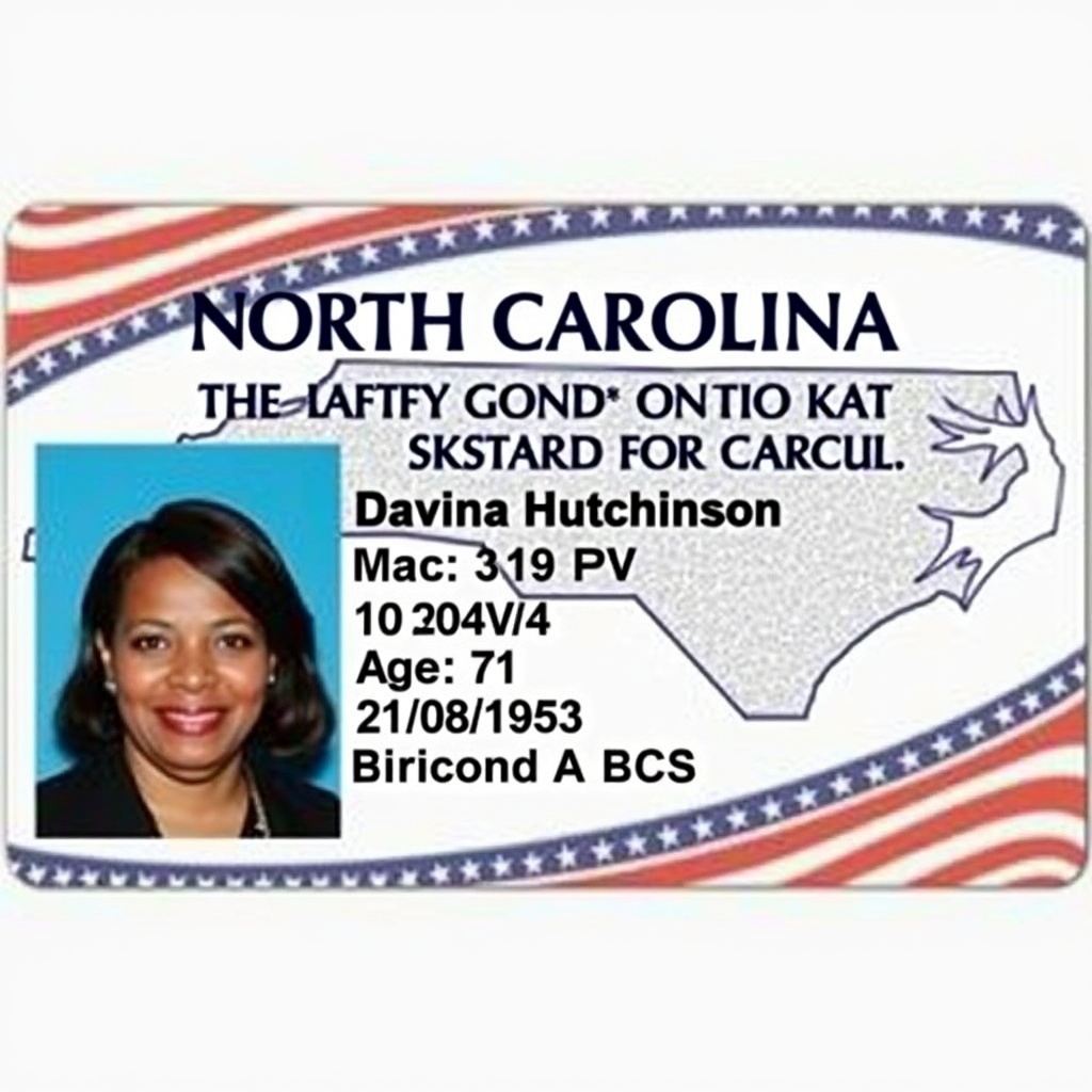 This image depicts a North Carolina ID card. The card features the name Davina Hutchinson and highlights her age as 71. It shows a date of birth of 21/08/1953. The background includes a map of North Carolina, indicating its state government format. The design elements include blue, white, and red colors, giving it a patriotic appearance. The identification includes a clear headshot, contributing to its formal and professional look. This ID is suited for identity verification, featuring a clean layout appropriate for official use.