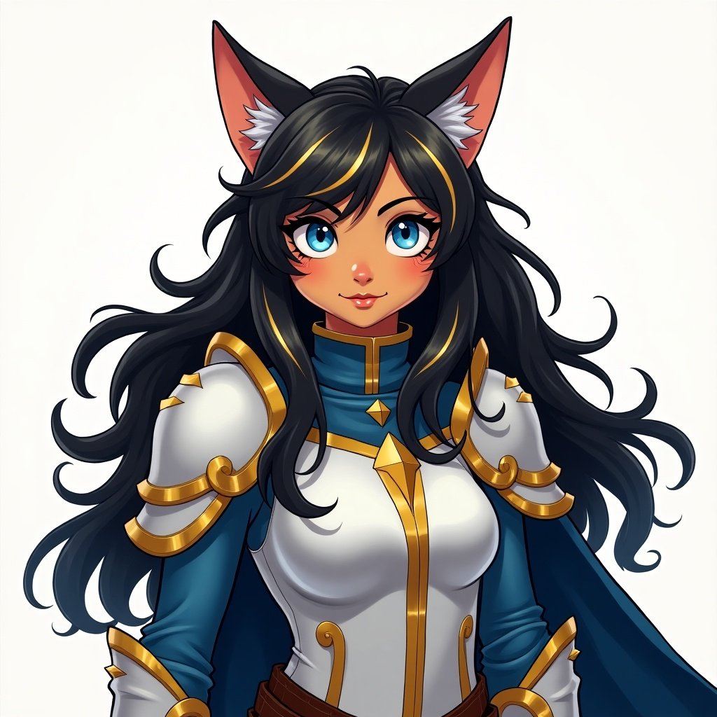 A caramel-skinned cat girl has long flowing black hair with golden highlights. She is in a striking knight uniform of white and blue colors. The character is ready for adventure. Her large expressive blue eyes are captivating. The illustration style reflects fantasy themes. The character embodies strength and elegance, suitable for gaming or storytelling.