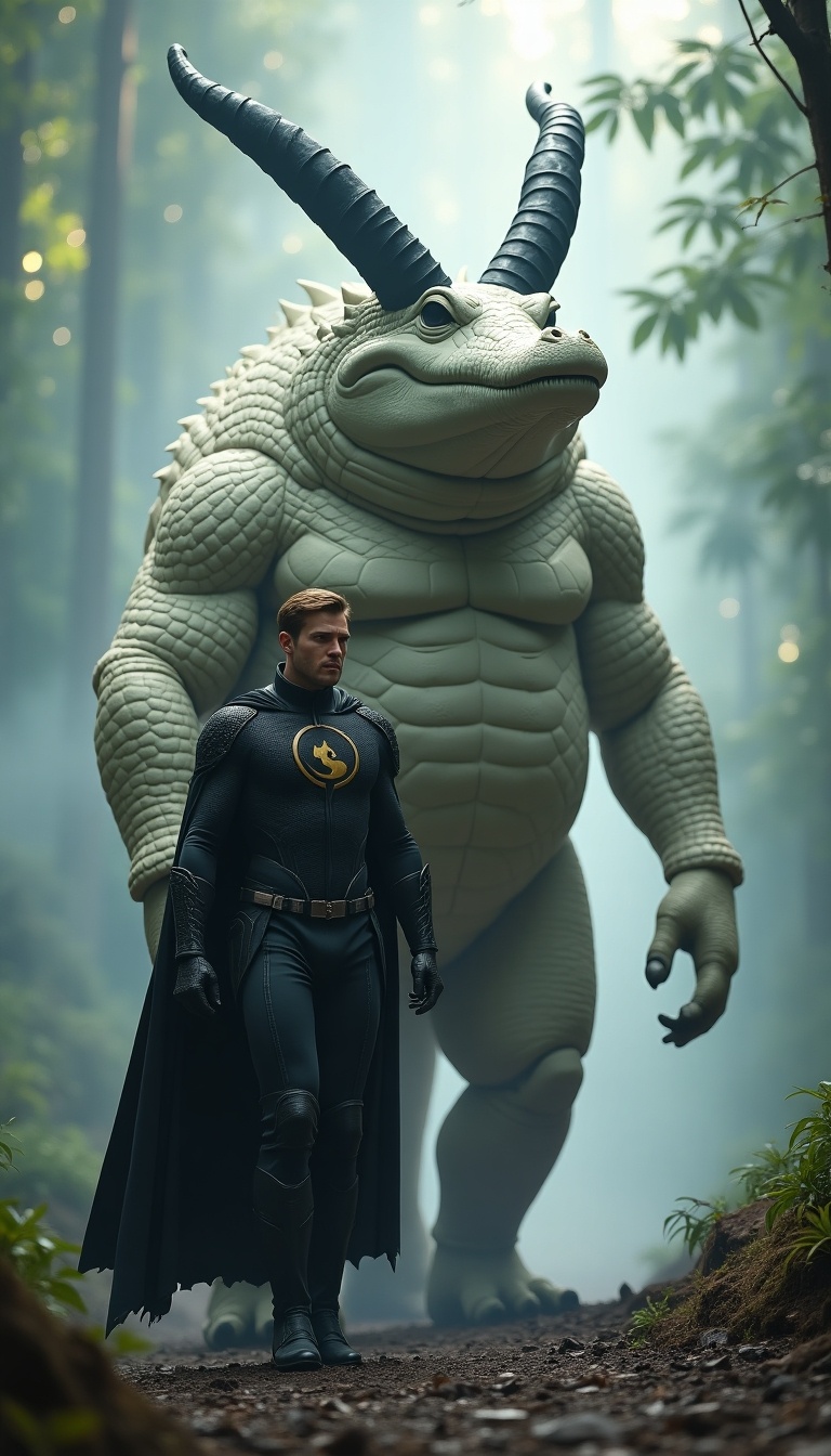 Majestic scene featuring a superhero in a Marvel costume walking in front of a giant white crocodile with black horns. The setting depicts a mystical Amazonian jungle with soft lighting. The atmosphere is powerful with an emphasis on the bond between the superhero and the creature.