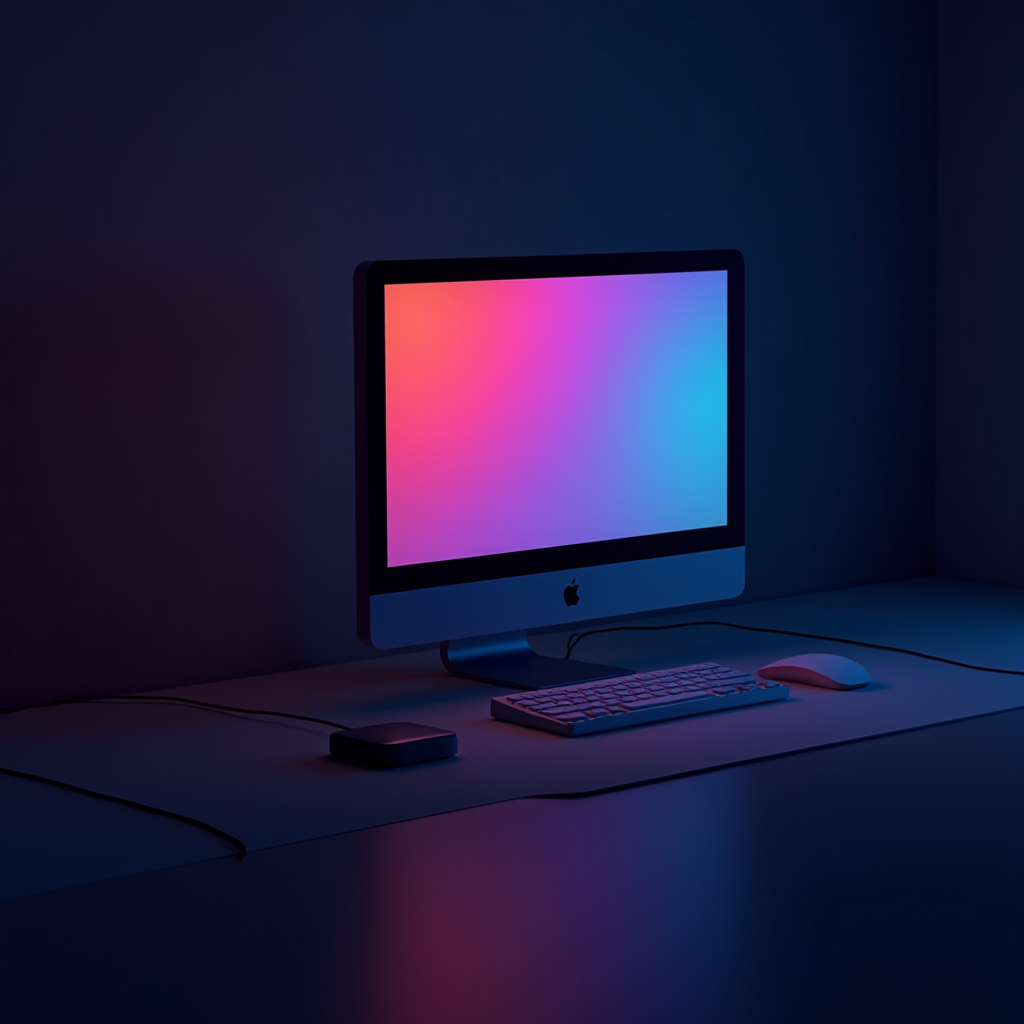 A computer with a colorful screen glows in a dim room, accompanied by a keyboard and mouse.