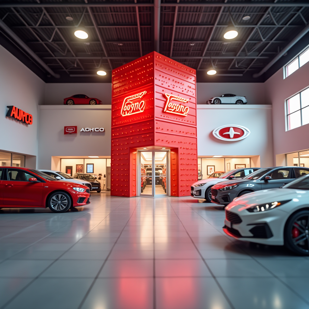 A modern car showroom interior with red and white cars displayed under bright lighting.