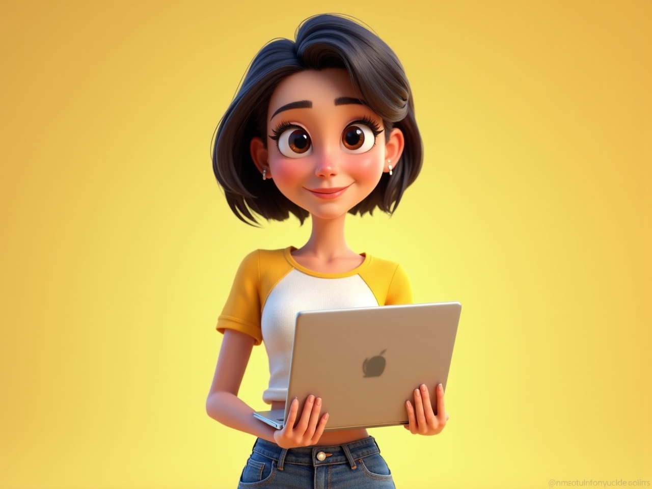 This image features a stylized animated character holding a laptop, standing against a smooth yellow background. The character has short black hair and is dressed casually in a yellow and white top, exuding a friendly and approachable vibe.