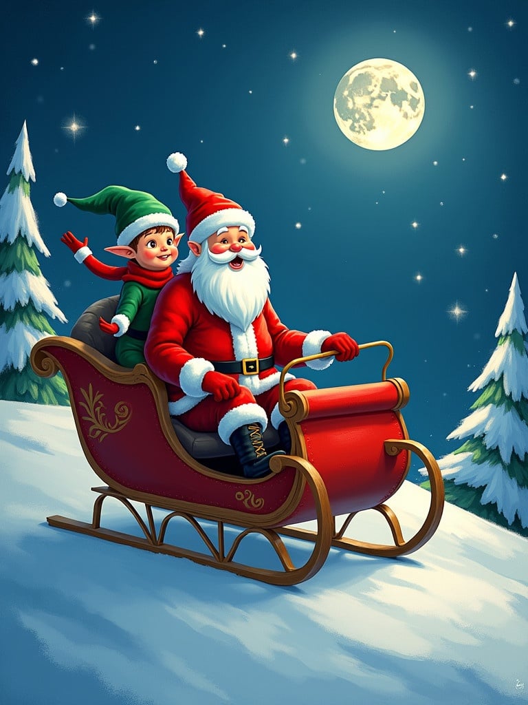 Sleigh ride with Santa Claus during Christmas Eve. Boy and girl elves wear festive outfits. Names Jonah Grey Lennon appear in the night sky. Snow-covered landscape with evergreen trees. Full moon shines in the background.