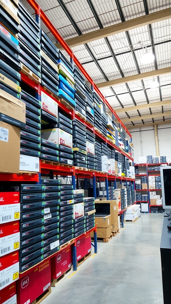 A spacious warehouse aisle filled with stacks of electronics boxes on metal shelves.