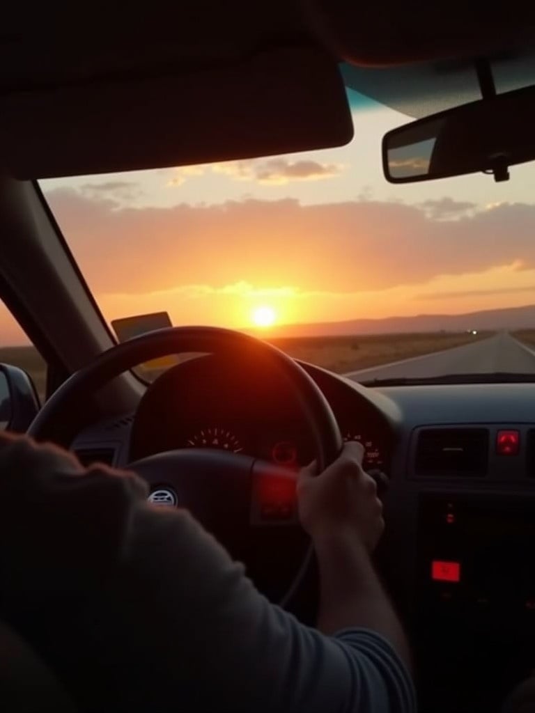 A person drives a car during a sunset on an open road. The sun lights the sky with vibrant colors. The view is from inside the vehicle looking ahead.