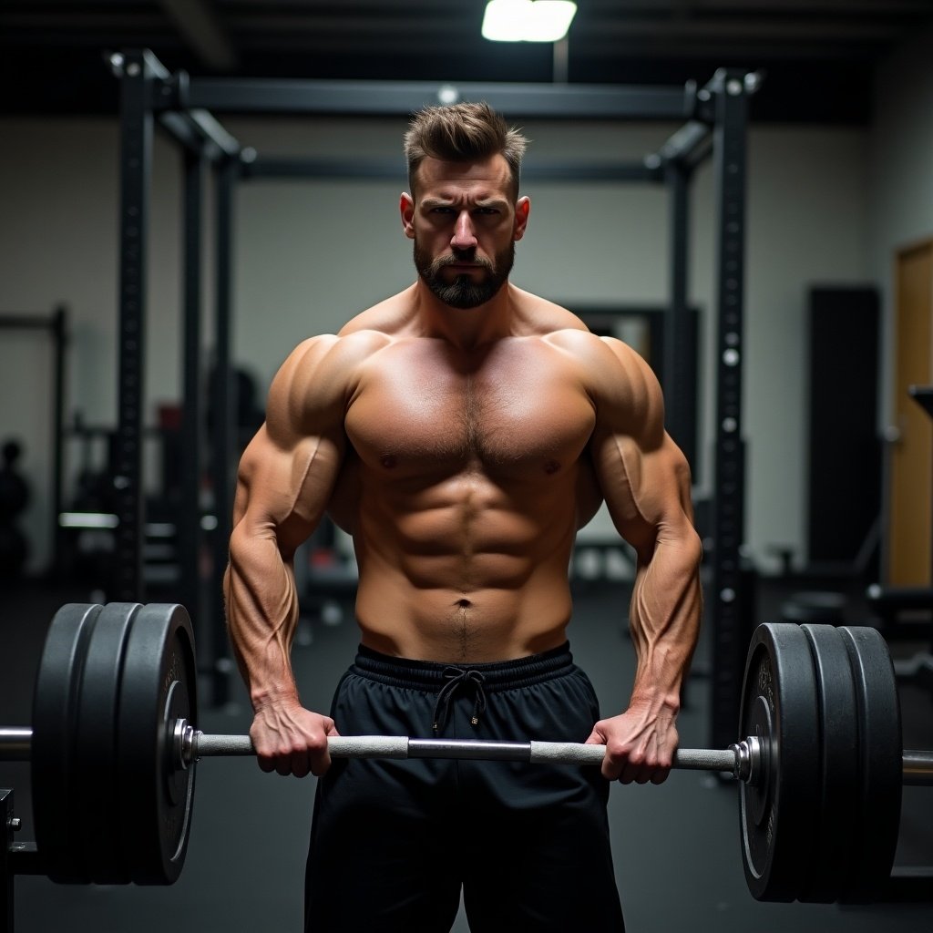 Muscular man lifting a barbell in a gym. Focus on well-defined muscles and focused expression. Image conveys strength and fitness.