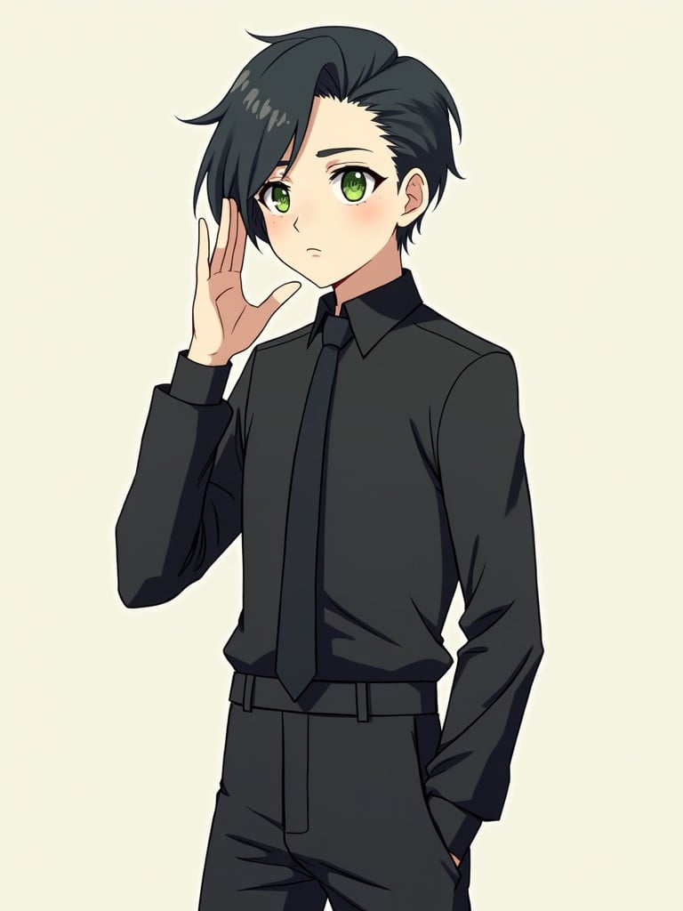 Anime boy stands tall. He has stylish fade haircut and small green eyes. Full-arm black shirt and matching pants make a sleek look. Character shows a thoughtful expression. Background is light, contrasting with dark attire. He has pale skin and soft blush with long eyelashes.