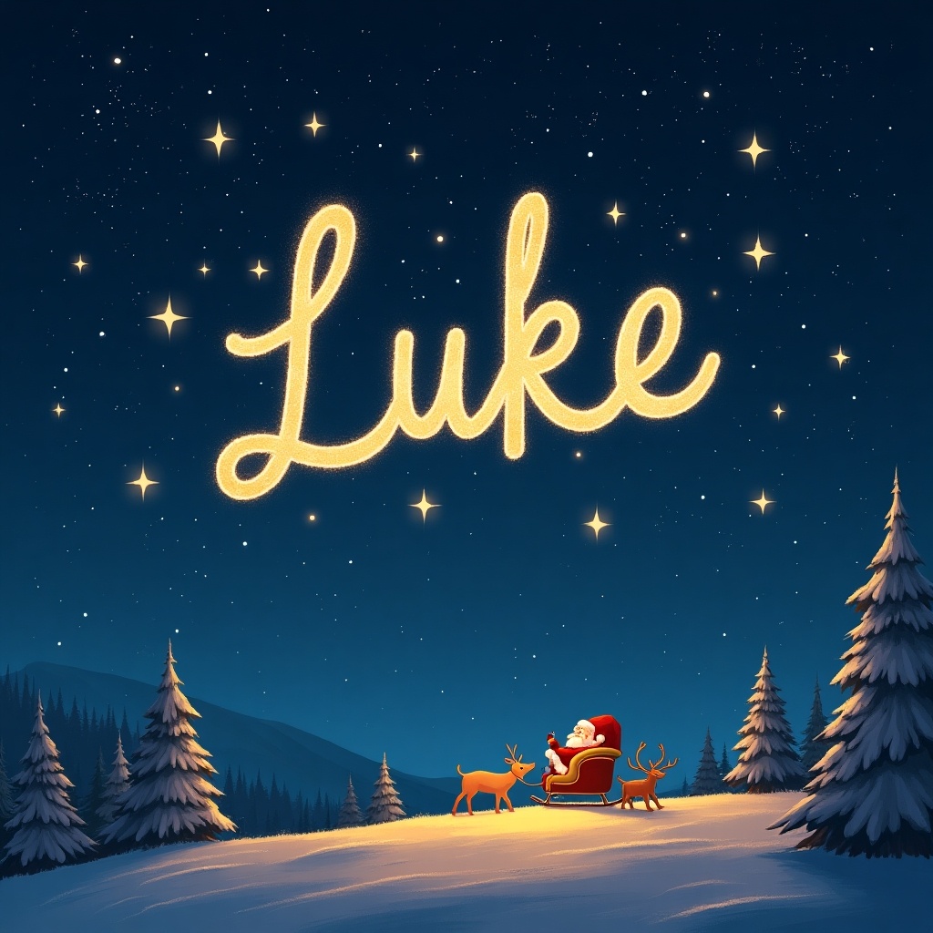 This image depicts Santa Claus sitting in a red sleigh, surrounded by two reindeer, against a starry night sky. Above him, the name 'Luke' is beautifully written in sparkling, glowing letters. The scene captures a peaceful, festive winter atmosphere, with snow-covered trees in the background. The overall vibe is magical and heartwarming, perfect for the holiday season. This illustration evokes feelings of joy and wonder, making it a delightful image for Christmas inspiration.