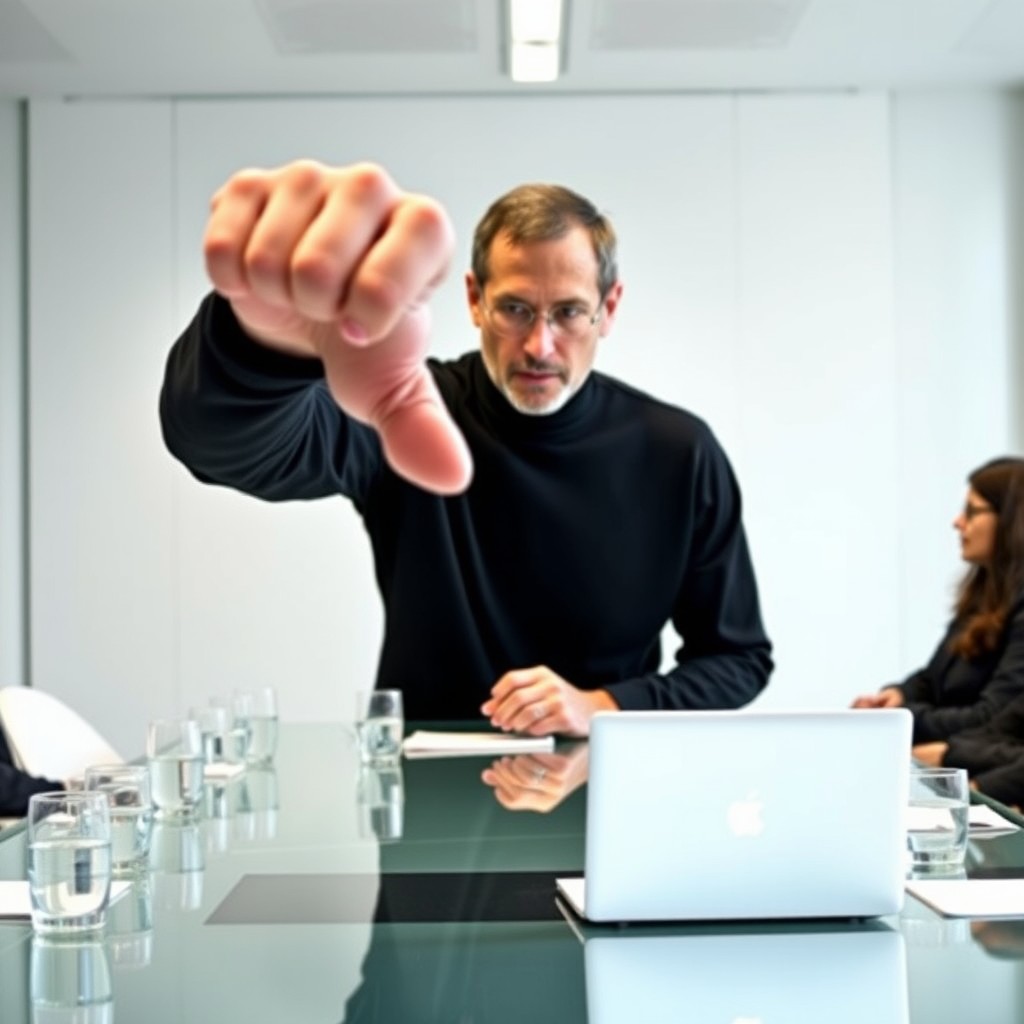 A man giving a thumbs down gesture in a conference room setting.