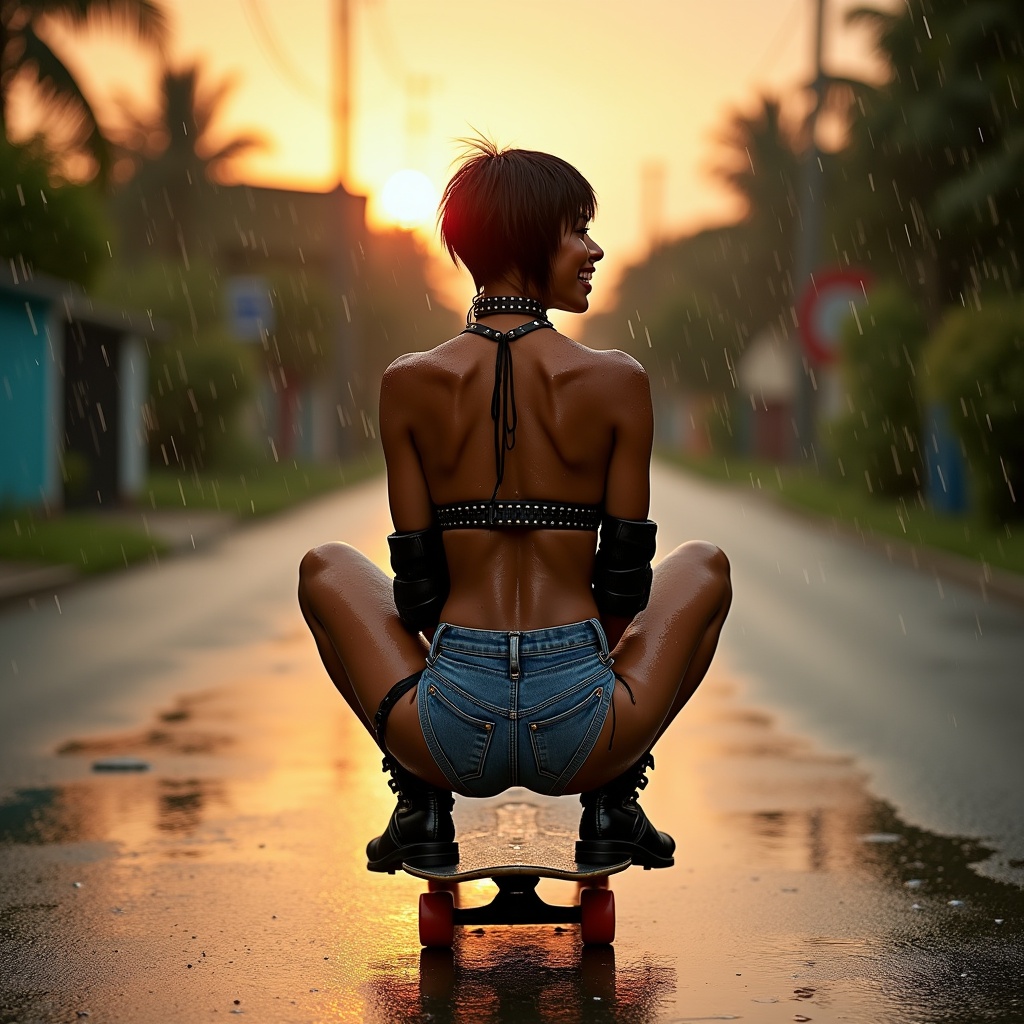 The image features a young woman in a stylish outfit, squatting on a skateboard in an urban setting during the golden hour. She is dressed in a black bra top with studs, denim shorts, and lace-up boots. The background is blurred palm trees and colorful buildings. Rain can be seen falling, creating a shimmering effect on the ground. The scene evokes feelings of freedom and empowerment, with vibrant warm colors illuminating the setting.