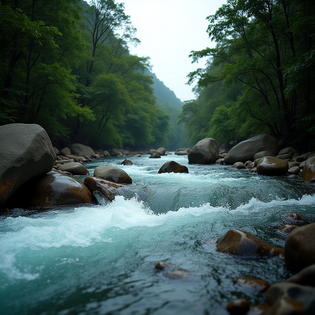 A serene river flows over rocks in a lush forest setting.