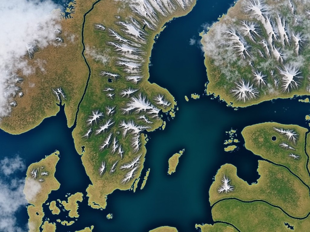 This image showcases a stunning satellite view of a Scandinavian landscape. The landscape features majestic fjords that are intricately carved into the land. Snow-capped mountains rise dramatically, surrounded by lush greenery and sparkling waters. Numerous islands dot the scene, enhancing the area's natural beauty. A few clouds drift overhead, adding to the serene and picturesque atmosphere.