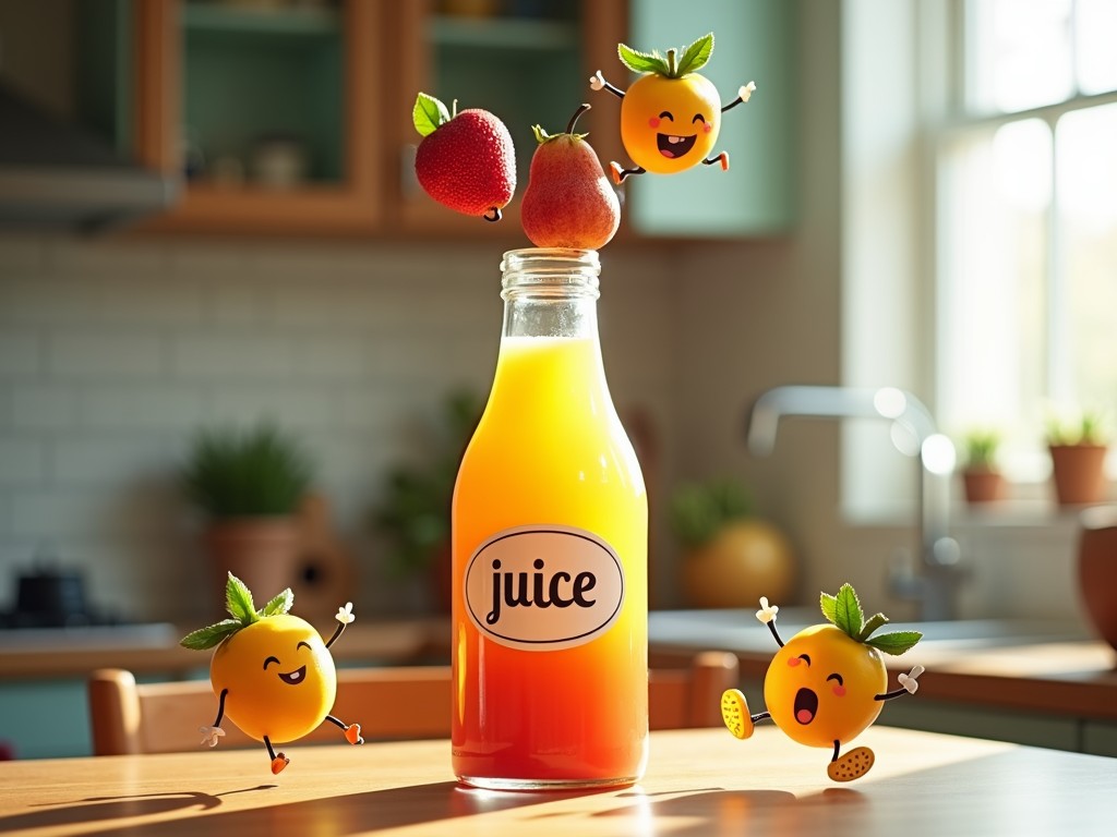 This playful image features a bottle of vibrant orange juice in a cozy kitchen setting. Surrounding the bottle are animated fruits with expressive faces, such as strawberries and oranges, appearing to joyously jump and dance. Sunlight streams in through a window, adding a warm and cheerful atmosphere.